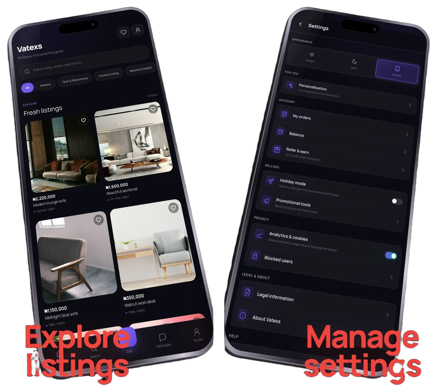 Vatexs app screens showing the home feed and settings